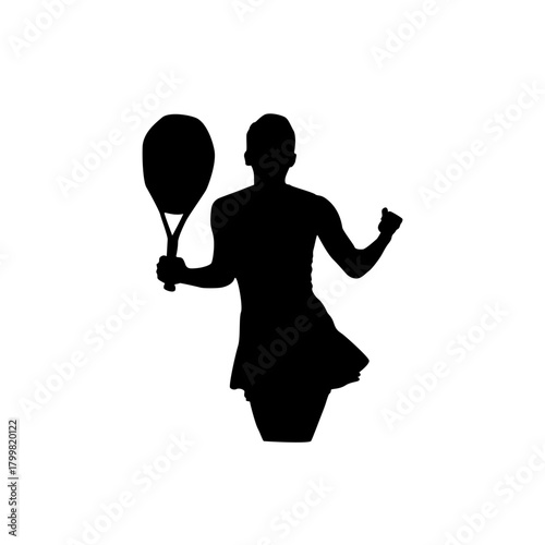 Silhouette of a triumphant female tennis player holding a racket and celebrating a victory
