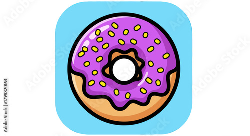 Vibrant cartoon donut with purple frosting and yellow sprinkles.