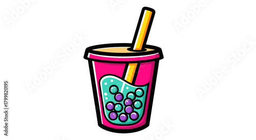Vibrant Bubble Tea Drink with Straw and Tapioca Pearls.