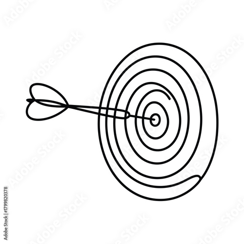Single line drawing of dart hitting bullseye on target