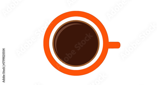 Top view of a steaming cup of black coffee in an orange mug.