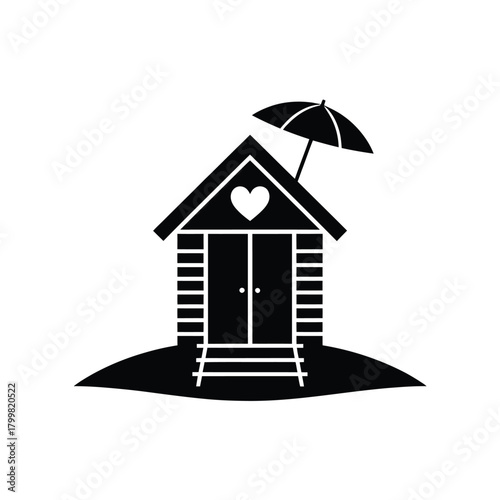 Simple black silhouette of a beach hut with umbrella and heart detail