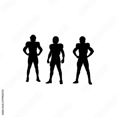 Three american football players in silhouette standing confidently on a white background