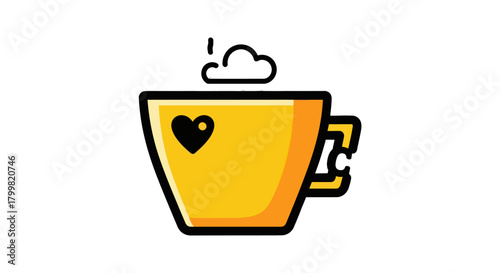 Stylized Yellow Coffee Cup with Heart and Steam Illustration.