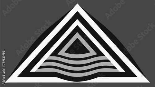 Geometric triangle with layered concentric shapes and wavy lines in black white and gray Keywords: geometric, triangle, abstract, design