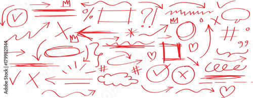 Hand drawn line chalk brush stroke arrow icon set. Collection of red hand drawn arrows and shapes on black background. A chaotic arrangement of red hand drawn arrows, circles, squares, and wavy lines 