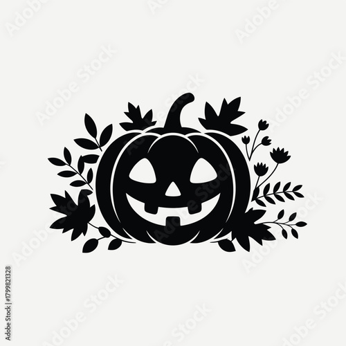 Black silhouette halloween pumpkin with autumn leaves and flowers