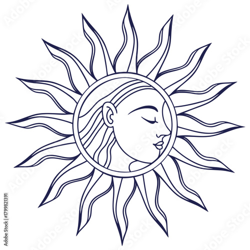 Sun face with rays, celestial astrology illustration isolated on
