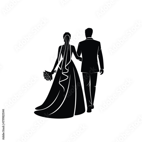 Bride and groom walking away in silhouette holding hands