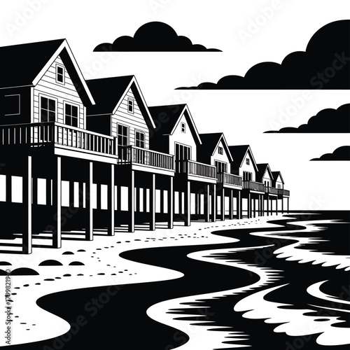 Black and white illustration of beach huts on stilts along the shore