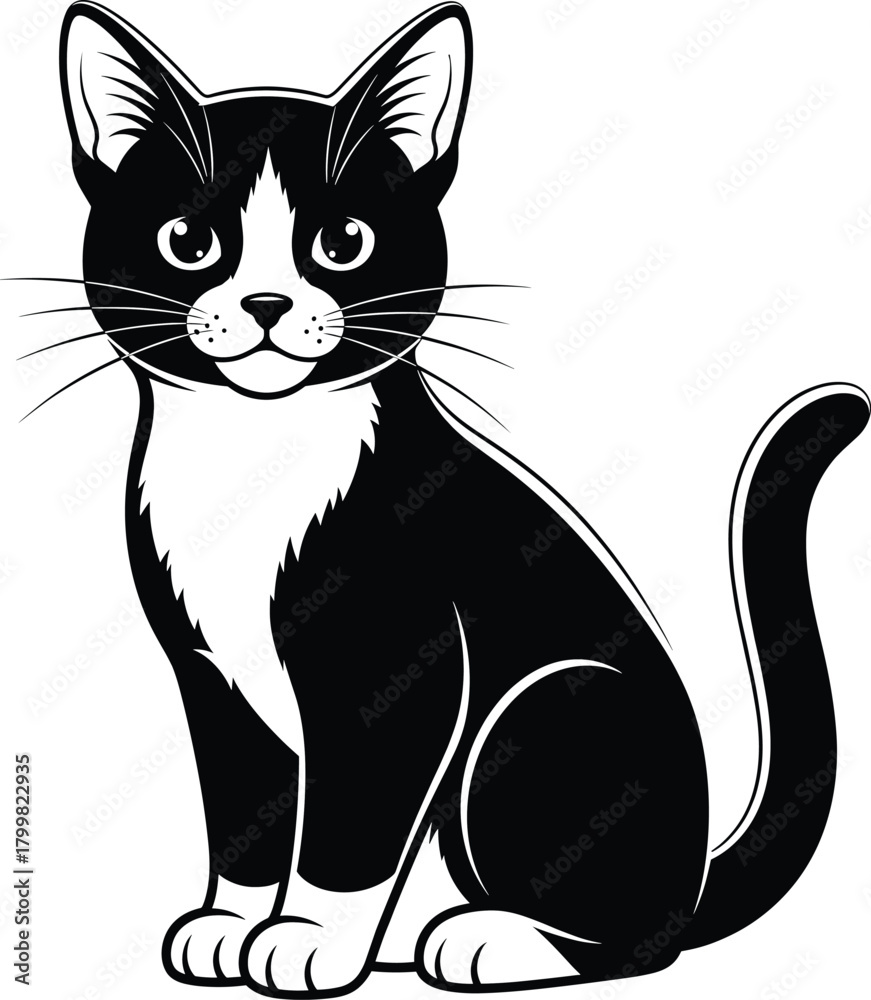 Fototapeta premium Tuxedo Cat Sitting Black and White Cartoon Vector Illustration