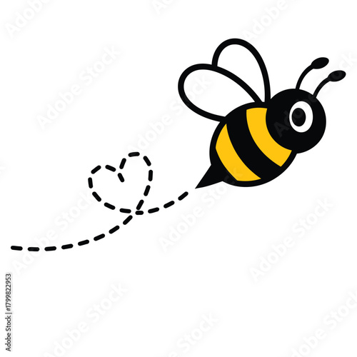 Cute cartoon bee flying with a heart shaped dotted line trail