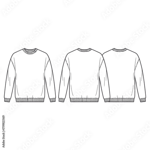 Fashion flat sketch of a classic crewneck sweatshirt with ribbed details