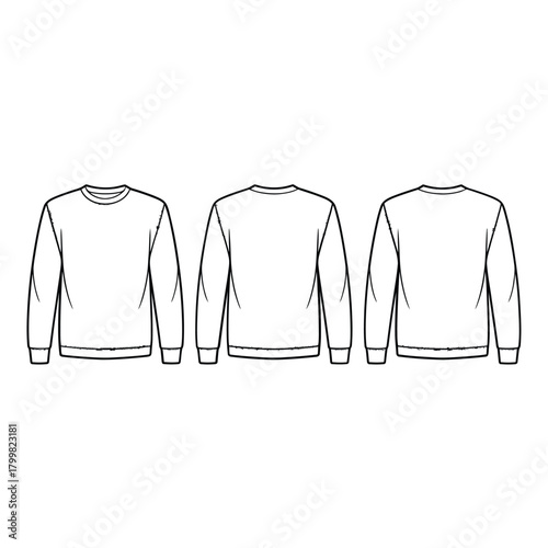 Flat sketch of a crew neck long sleeve sweatshirt front and back views