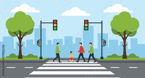 People Crossing Street at Zebra Crossing in City Landscape Vector Illustration