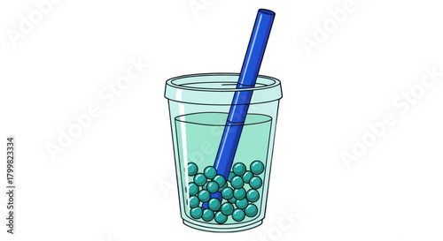 Refreshing bubble tea drink with a blue straw and tapioca pearls.