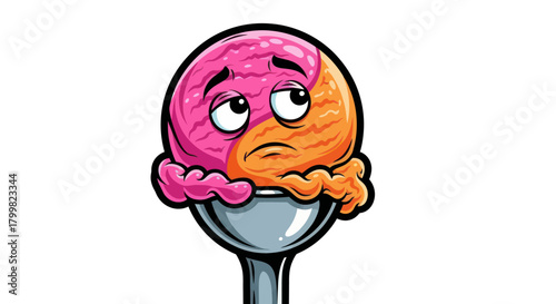 Sad ice cream scoop with two flavors looking unhappy.