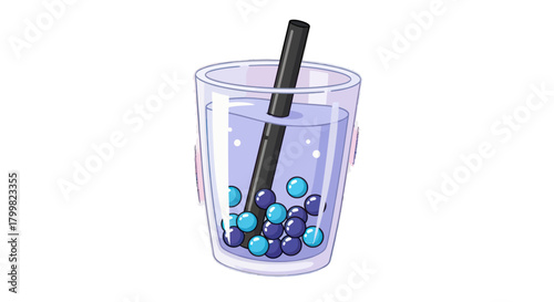 Refreshing Boba Tea with Colorful Pearls and Black Straw.