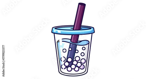 Refreshing bubble tea drink with a purple straw and tapioca pearls.