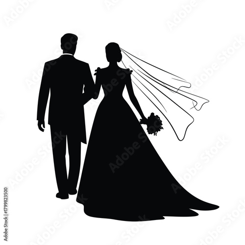 Bride and groom silhouette walking away together on wedding day