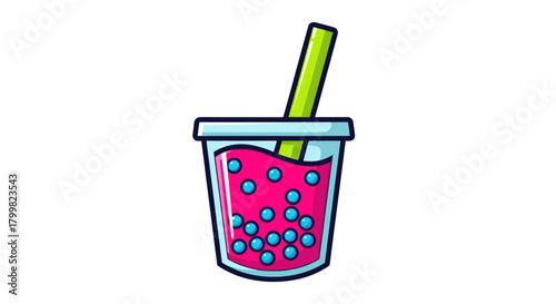 Refreshing pink bubble tea with straw and tapioca pearls in a clear cup.