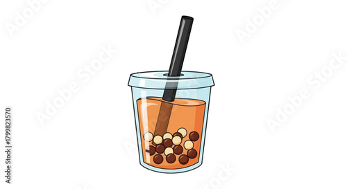 Illustration of Bubble Tea with Tapioca Pearls and Straw.