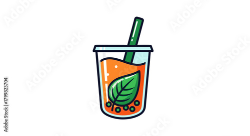 Refreshing Bubble Tea with Green Leaf and Straw.