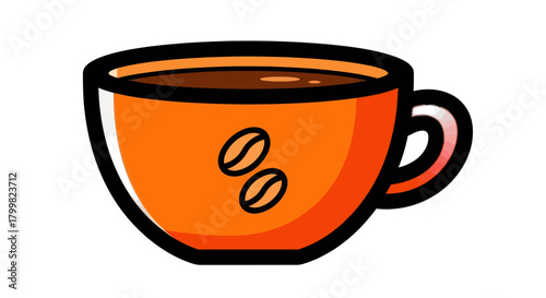 Orange coffee cup with coffee beans, perfect for morning beverage.