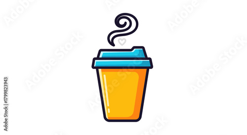 Steaming coffee cup illustration with blue lid and yellow body isolated on white background.