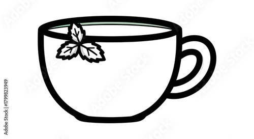 Minimalist line art icon of a teacup with mint leaves.