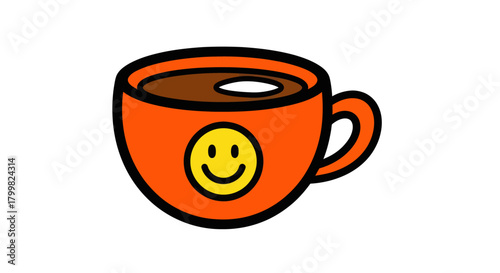 Orange cartoon coffee cup with happy smiley face design.