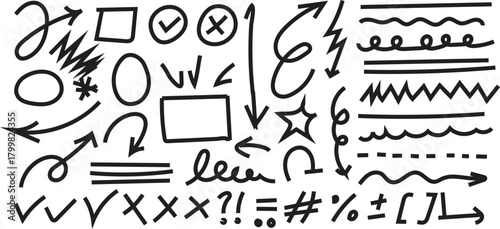 Set of hand drawn elements isolated on white background