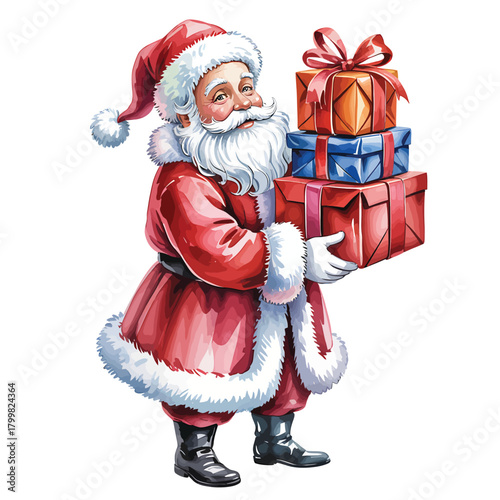 Cheerful santa claus holding a stack of christmas presents