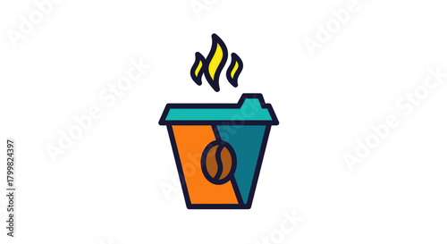 Steaming hot coffee in a colorful disposable cup with a coffee bean emblem.