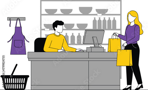 People Working at a Grocery Store Checkout Counter Vector Illustration