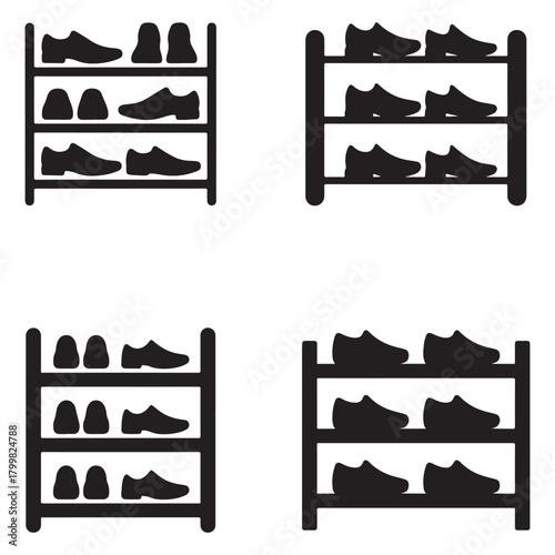 Collection of shoe rack icons featuring a distinctive silhouette style for organization and storage solutions