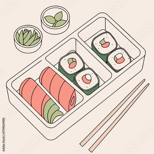 Vector illustration of a sushi bento set for picnic or lunch. Asian food graphic element