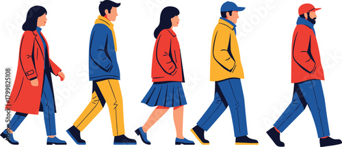Autumn winter fashion, diverse people walking, seasonal clothing illustration, colorful coats jackets scarves, urban lifestyle design, stylish outfit diversity, outdoor movement concept