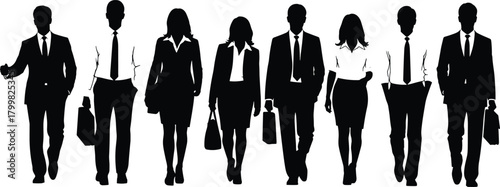 Business professionals silhouettes, corporate team walking forward, diverse men and women in suits, office culture, teamwork, leadership, confidence, success, career