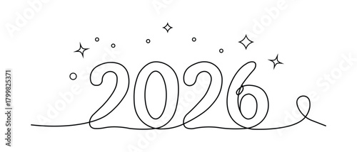 2026 New Year one line art typography with sparkles minimalist vector illustration