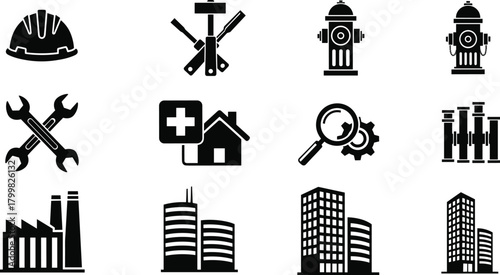 Construction helmet, tools icon, fire hydrant, healthcare house, inspection gear, laboratory test tubes, factory building, office tower, urban infrastructure illustration