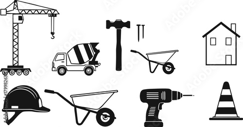 Construction icons, building tools, crane, cement mixer, helmet, drill, traffic cone, house, nails, wheelbarrow, sledgehammer, black and white vector illustration, construction site equipment,
