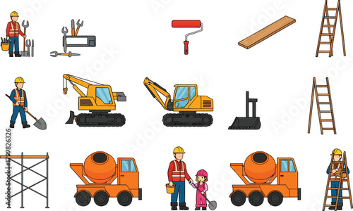 Construction workers, tools, vehicles, scaffolding, cement mixer trucks, excavators, bulldozer, ladders, safety gear, teamwork, industrial site illustration vector