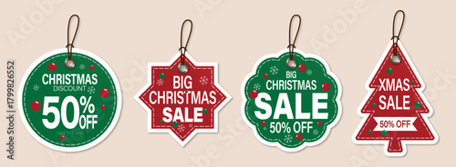 Christmas sale vector tags and labels set featuring discount price paper stickers, hanging icons, and retail promotion design illustration