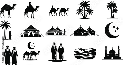 Desert silhouettes, camels, palm trees, tents, crescent moon, mosque, Islamic culture, Middle Eastern icons, traditional attire, sand dunes, vector illustration