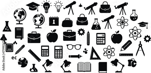 Education icons, science symbols, graduation cap, globe, telescope, microscope, books, calculator, atomic symbol, laboratory flask, school supplies vector illustration, academic