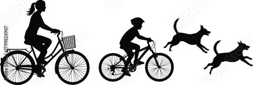 Family cycling, mother and child, outdoor activity, dogs running, healthy lifestyle, recreation, silhouette illustration, bonding, exercise, leisure, pets, fun, movement, fitness,