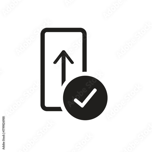 Black and white icon of an upload symbol with an arrow and a checkmark in a circle on the bottom right vector icon