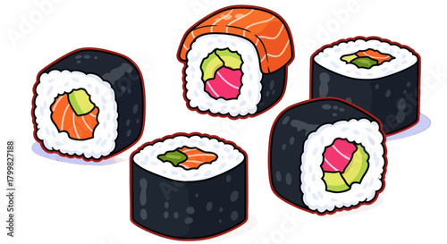 Delicious Sushi Rolls Assortment Illustration.