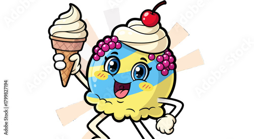 Happy cartoon ice cream scoop character holding a cone.